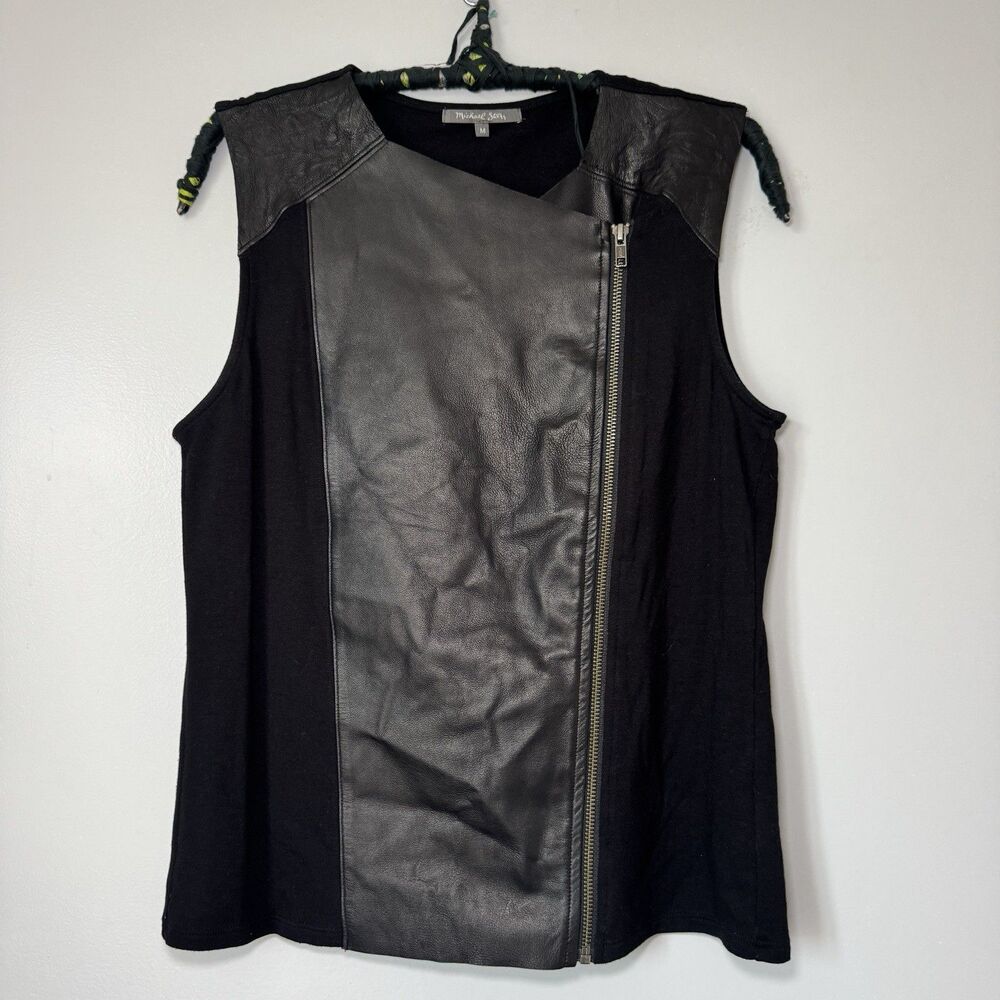 Vintage Michael Stars Black Leather-Panel Asymmetrical Zip-Up Vest, Size M